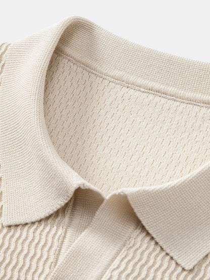 V-Neck Polo Shirt with Wave Jacquard Knit