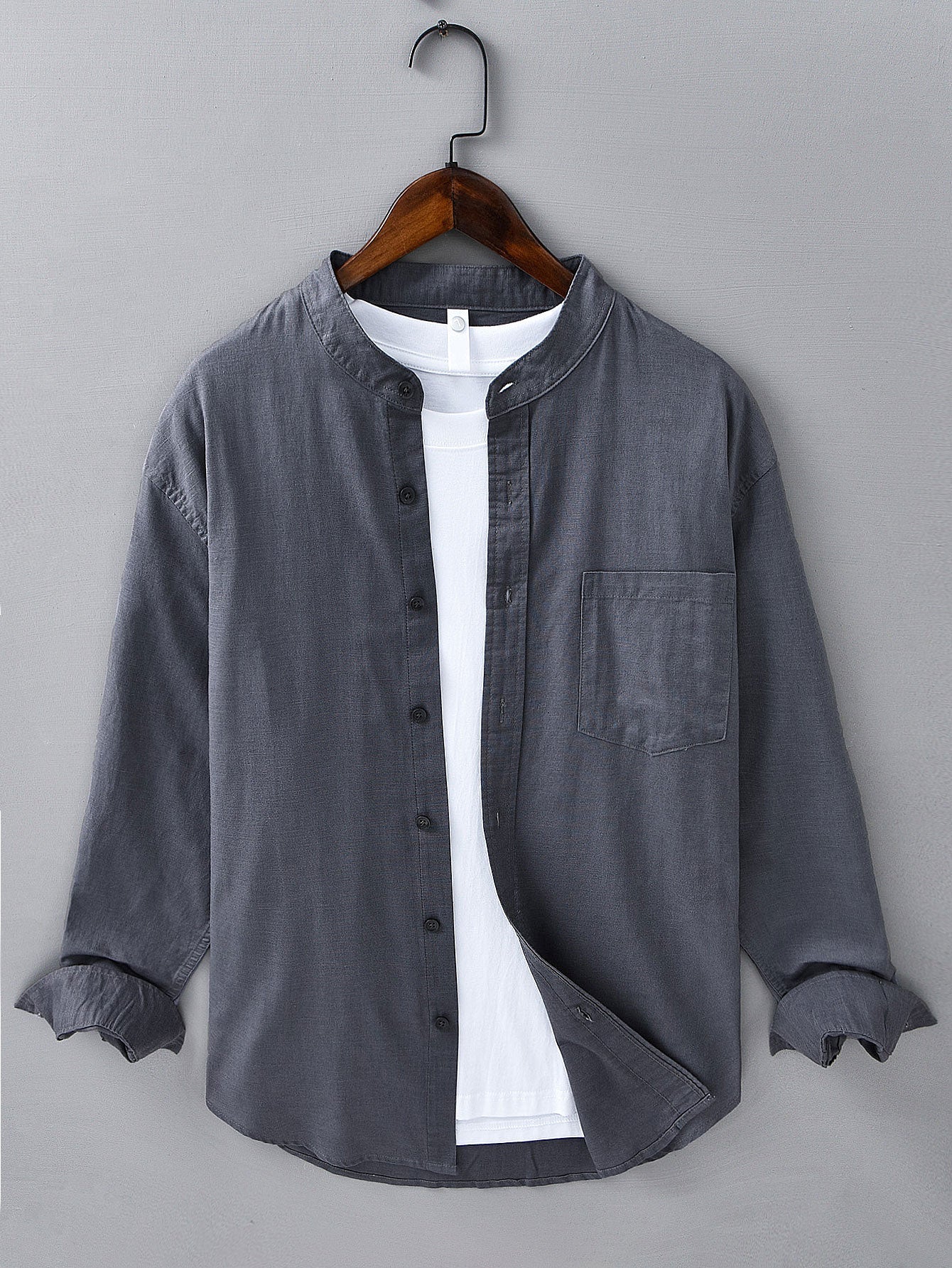 Long Sleeve Stand Collar Shirt in Linen-Cotton Blend with Pocket