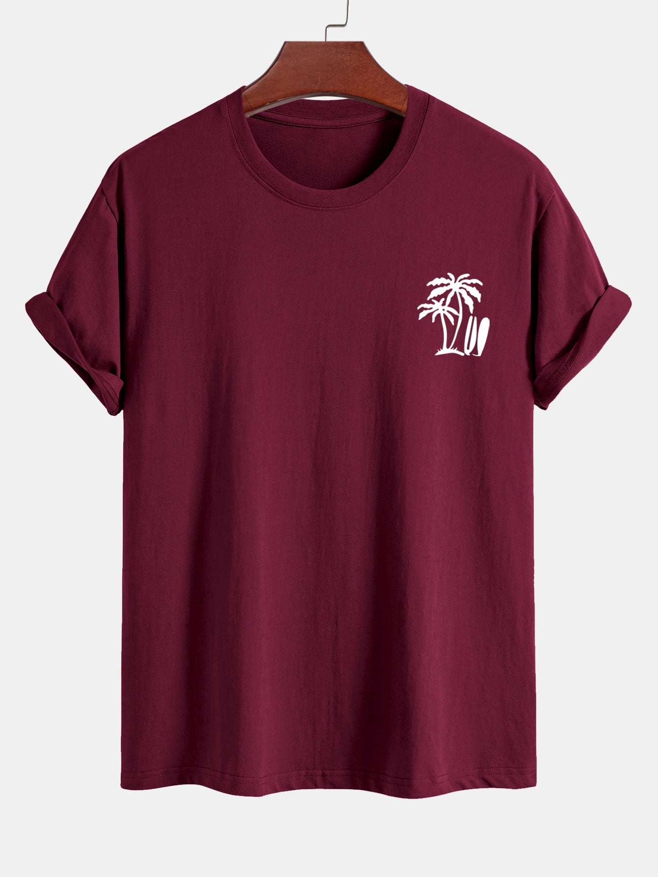 Classic Fit Cotton T-Shirt with Palm Tree Surfboard Design