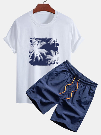Classic Fit Cotton T-Shirt & Swim Shorts with Palm Tree Silhouette Print