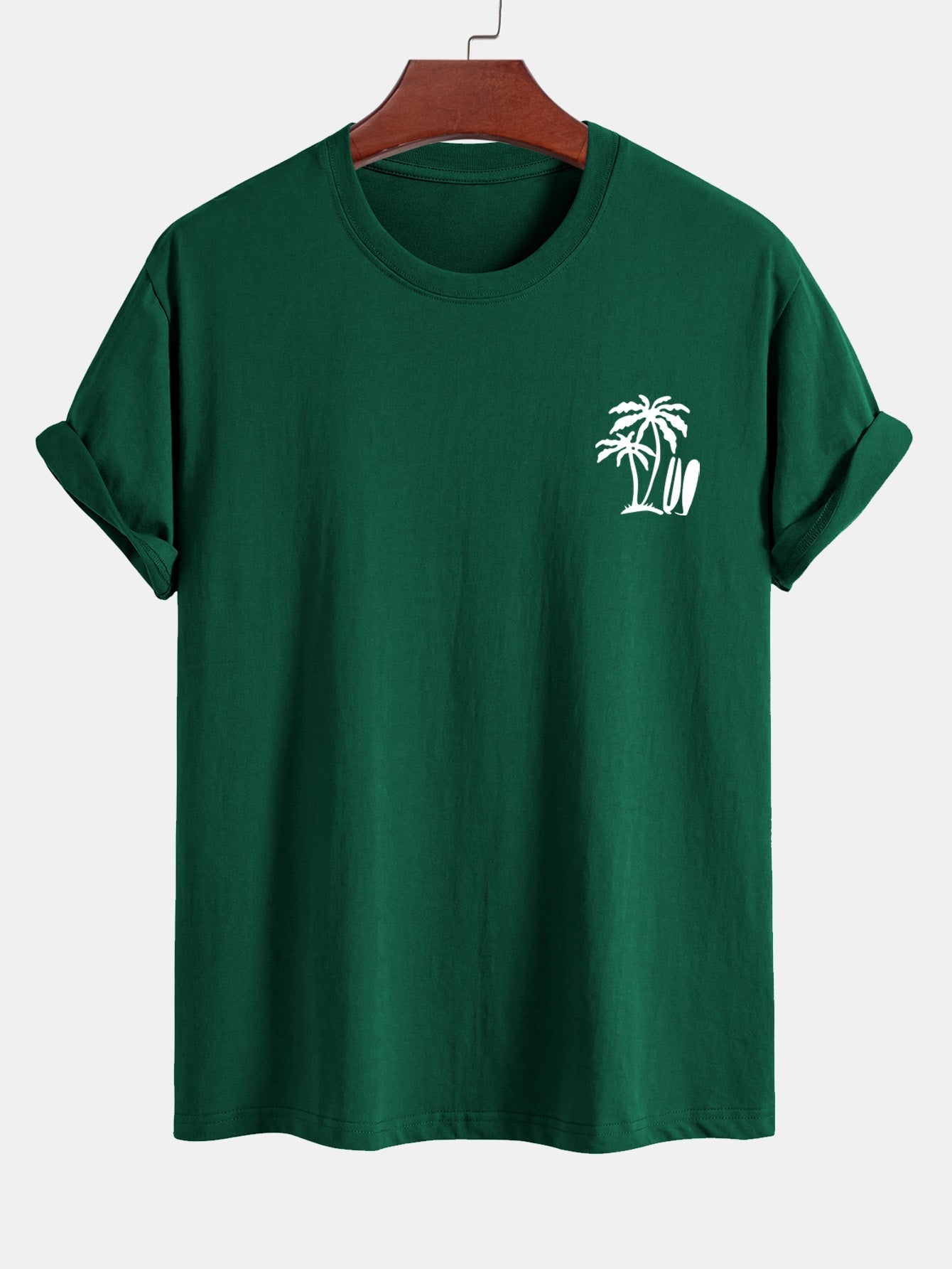 Classic Fit Cotton T-Shirt with Palm Tree Surfboard Design