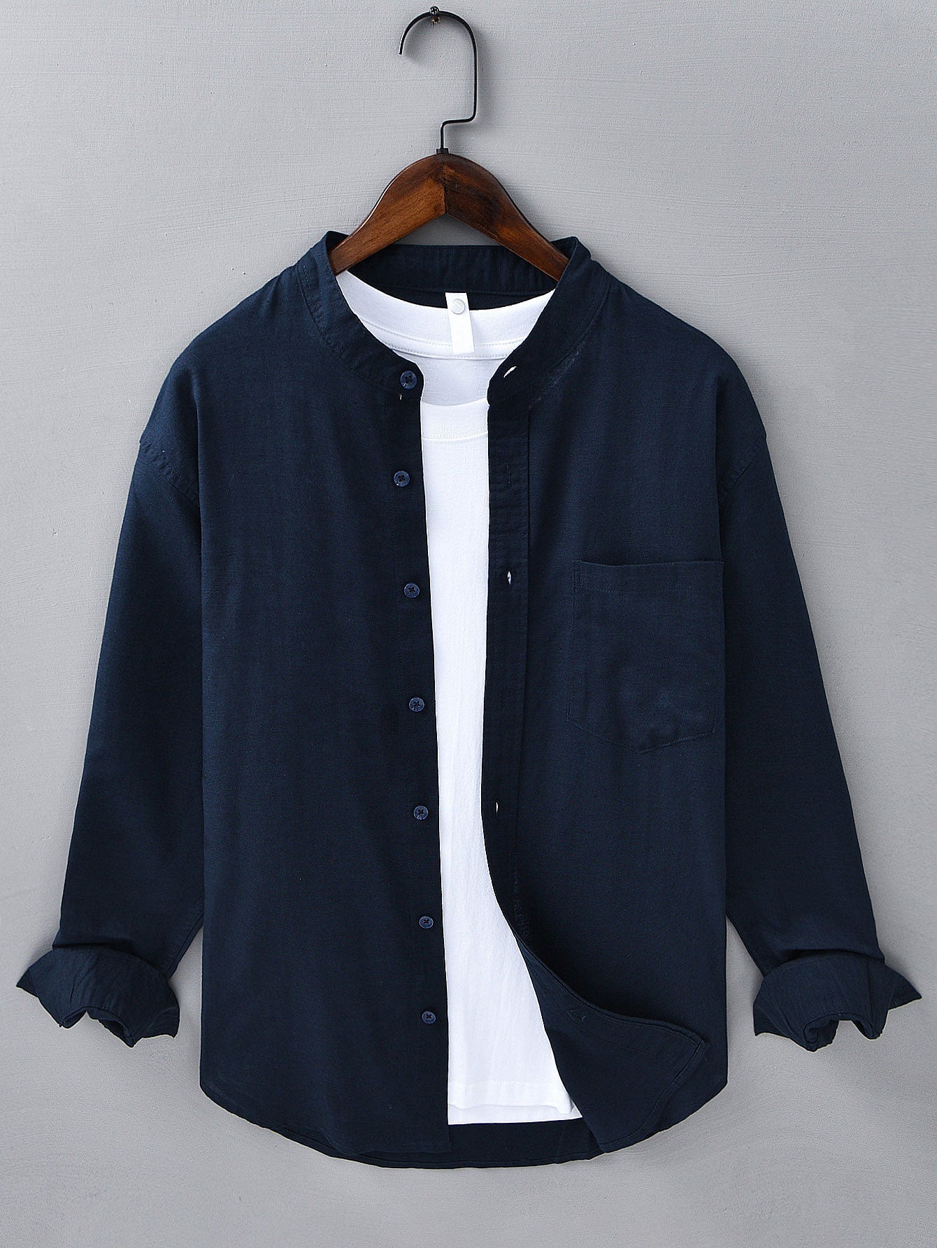 Long Sleeve Stand Collar Shirt in Linen-Cotton Blend with Pocket