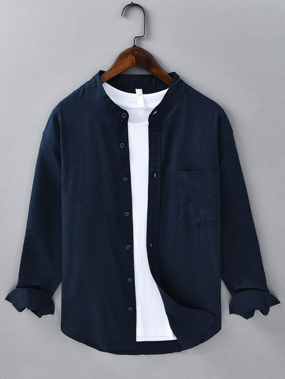 Long Sleeve Stand Collar Shirt in Linen-Cotton Blend with Pocket