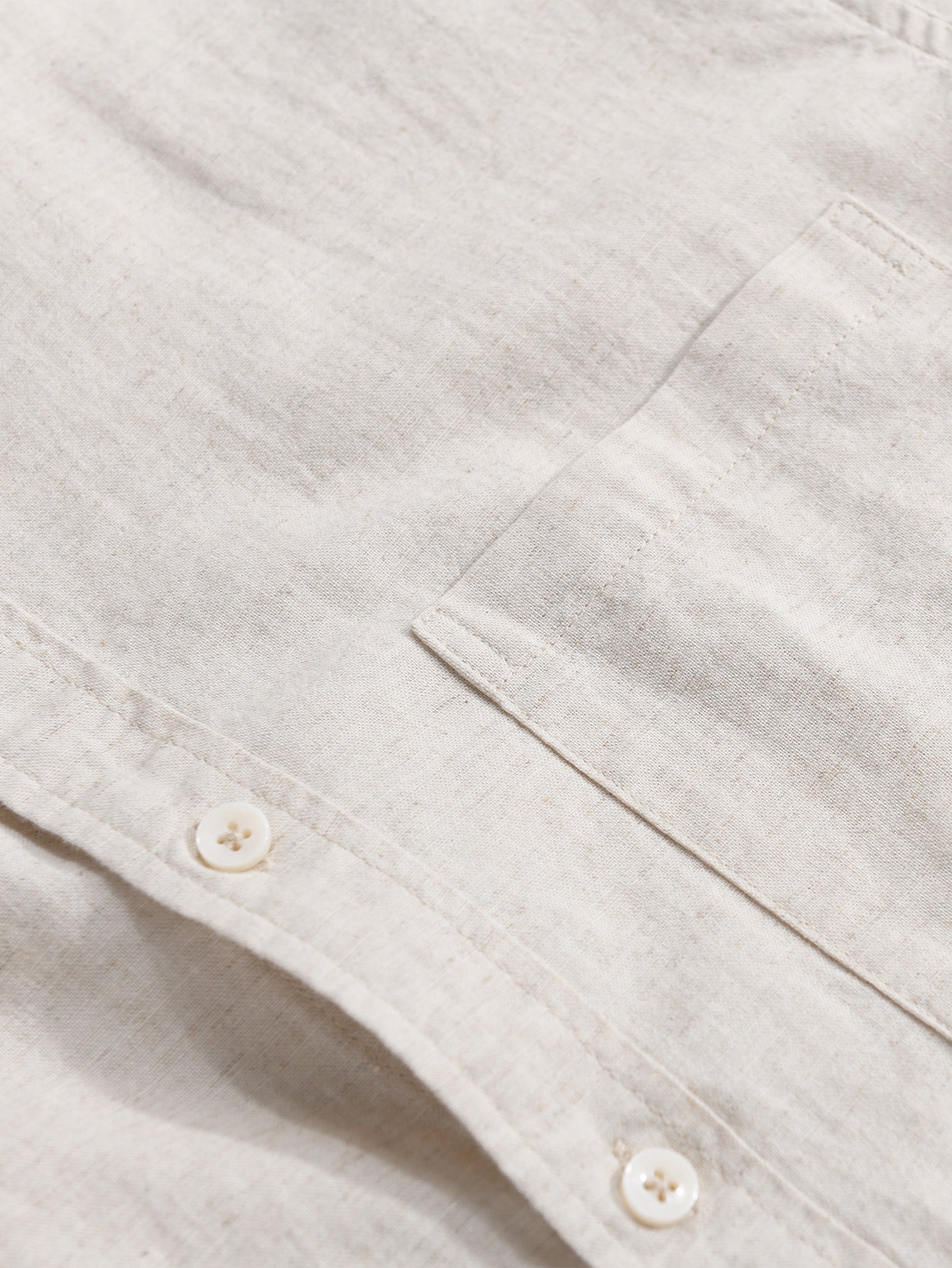 Long Sleeve Stand Collar Shirt in Linen-Cotton Blend with Pocket