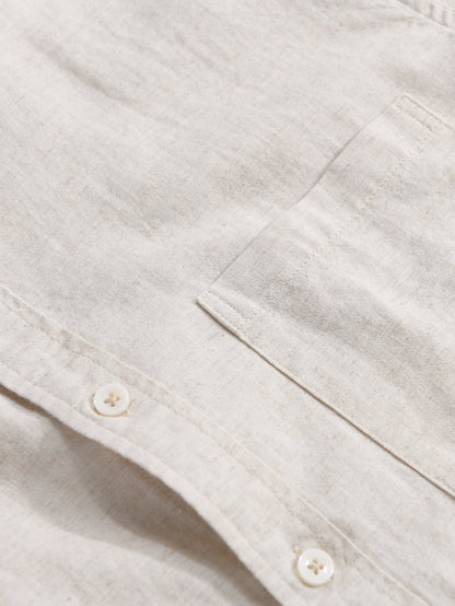 Long Sleeve Stand Collar Shirt in Linen-Cotton Blend with Pocket