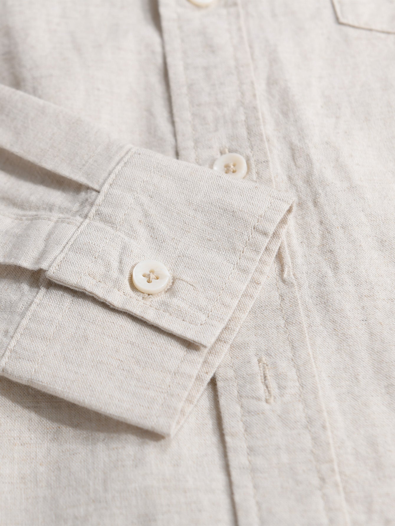 Long Sleeve Stand Collar Shirt in Linen-Cotton Blend with Pocket