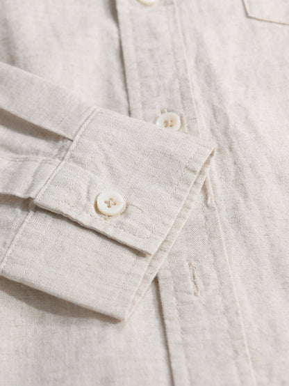 Long Sleeve Stand Collar Shirt in Linen-Cotton Blend with Pocket