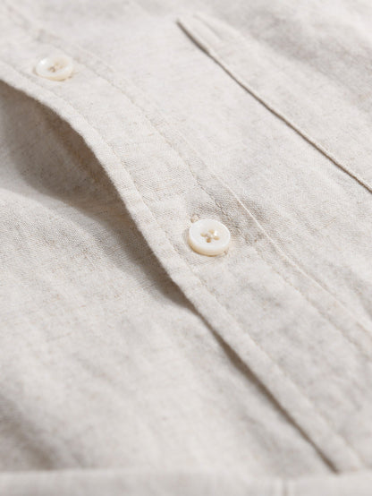 Long Sleeve Stand Collar Shirt in Linen-Cotton Blend with Pocket