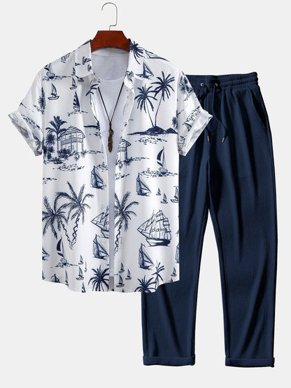 Island-Inspired Sailing Print Button-Up Shirt with Straight Leg Ribbed Pants
