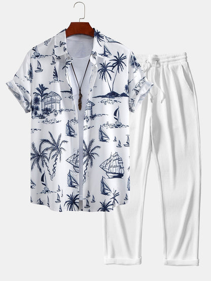 Island-Inspired Sailing Print Button-Up Shirt with Straight Leg Ribbed Pants