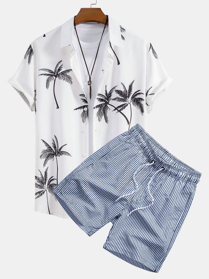 Button-Up Shirt with Palm Tree Print & Striped Swim Shorts