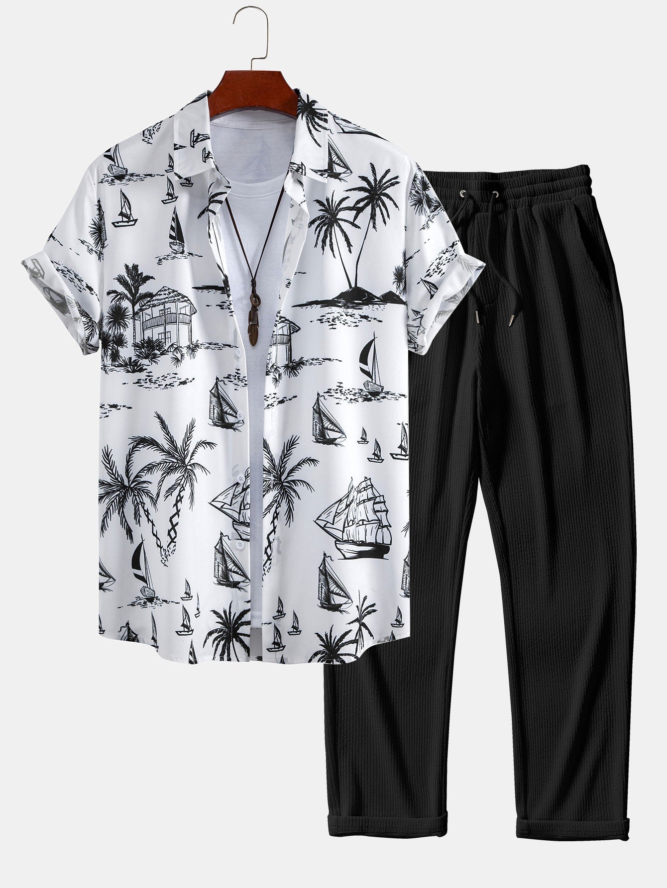 Island-Inspired Sailing Print Button-Up Shirt with Straight Leg Ribbed Pants