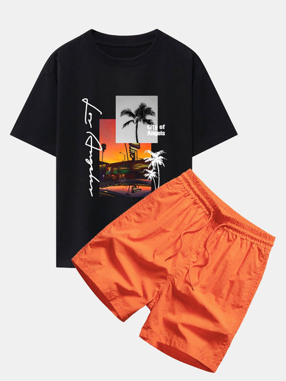 Los Angeles Landscape Graphic Oversized T-Shirt & Swim Shorts Set