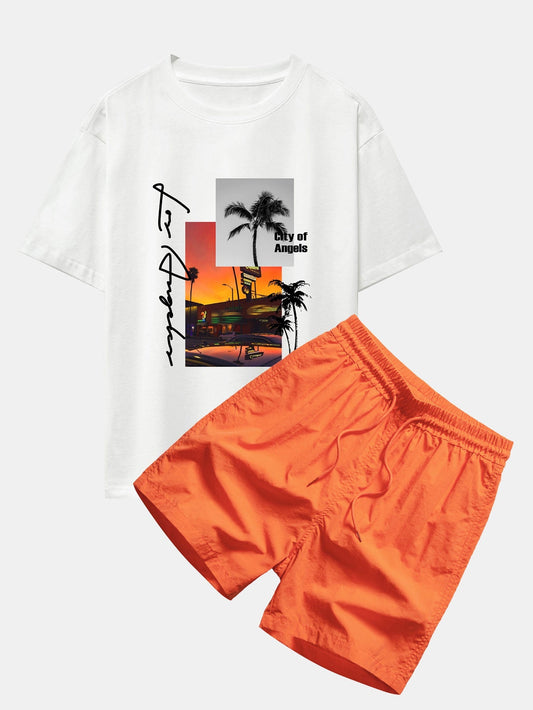 Los Angeles Landscape Graphic Oversized T-Shirt & Swim Shorts Set
