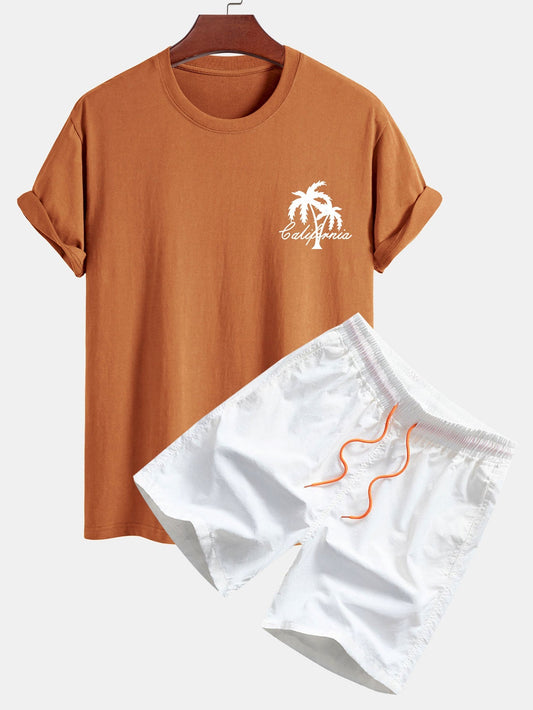 California Palm Tree Graphic Cotton Tee & Swim Shorts Set