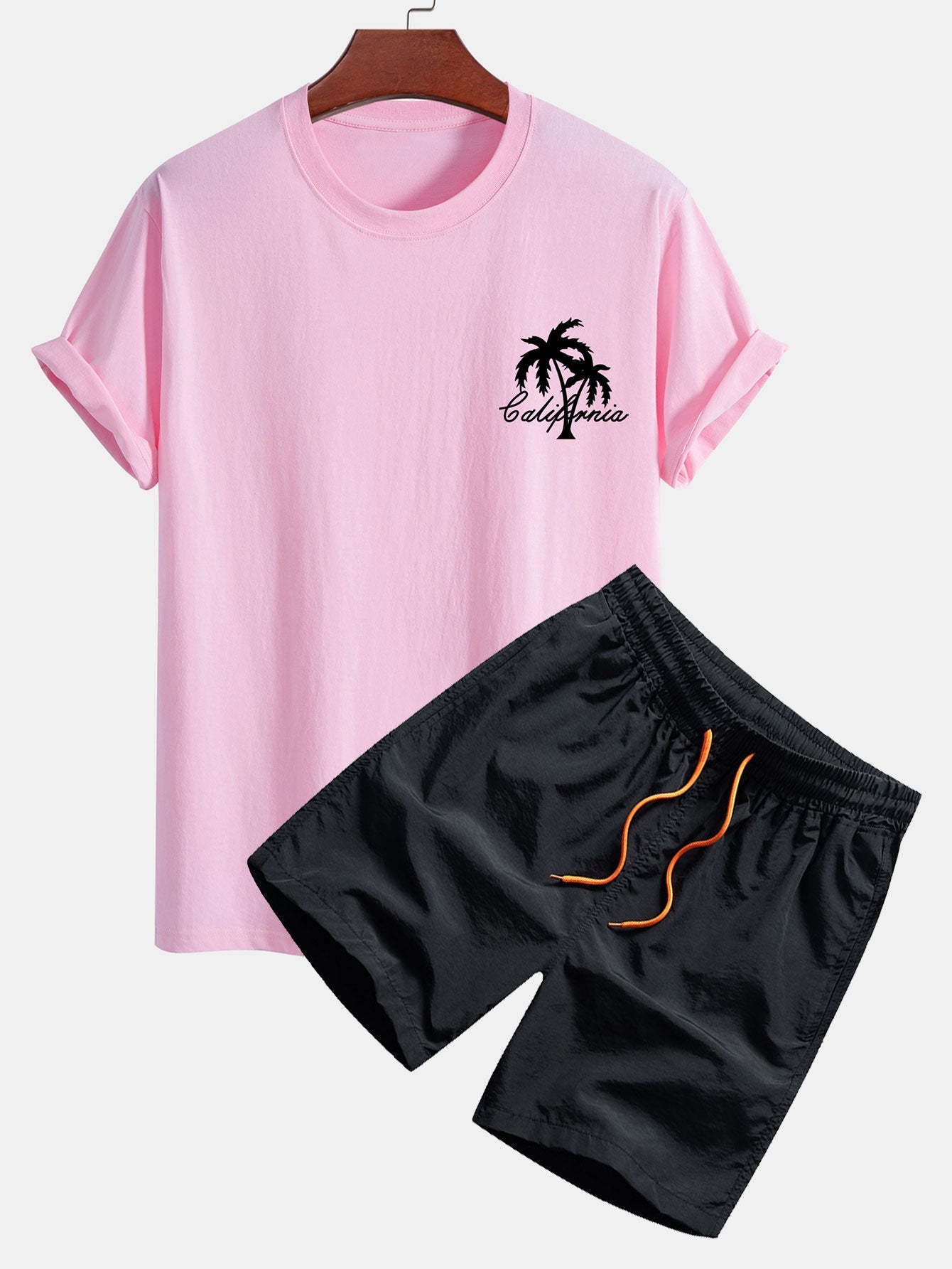California Palm Tree Graphic Cotton Tee & Swim Shorts Set