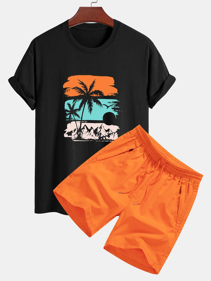 Classic Fit Cotton T-Shirt & Swim Shorts with Palm Tree Silhouette Print