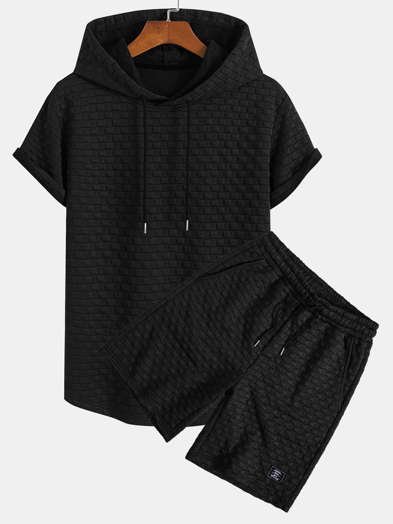 Checkerboard Jacquard Hooded T-Shirt with Arc Hem & Matching Shorts