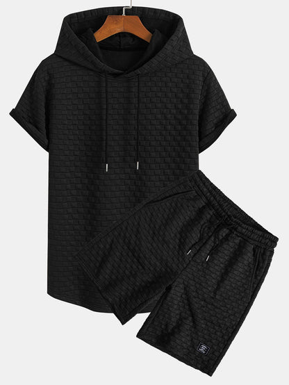Checkerboard Jacquard Hooded T-Shirt with Arc Hem & Matching Shorts