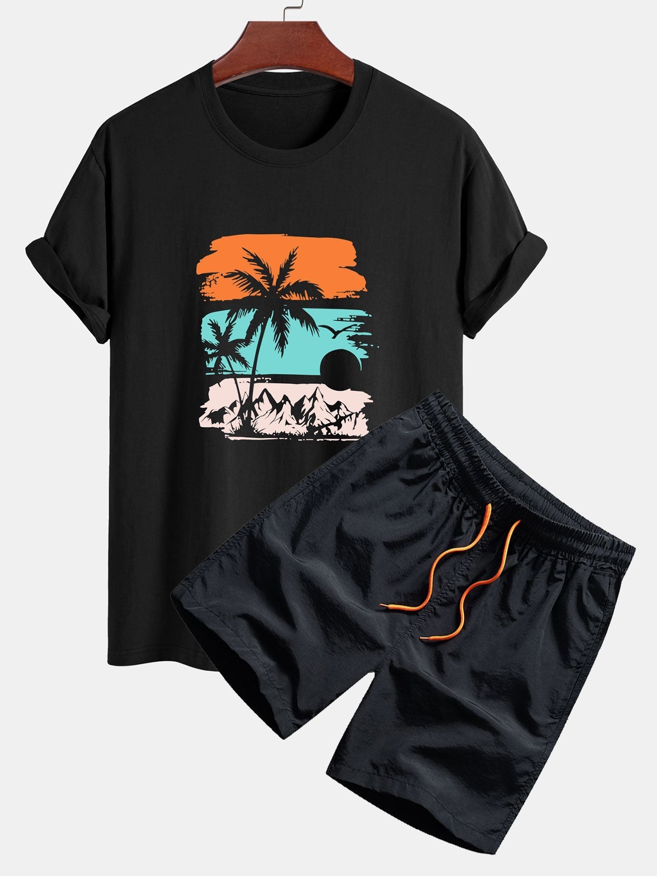 Classic Fit Cotton T-Shirt & Swim Shorts with Palm Tree Silhouette Print