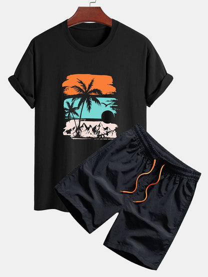 Classic Fit Cotton T-Shirt & Swim Shorts with Palm Tree Silhouette Print