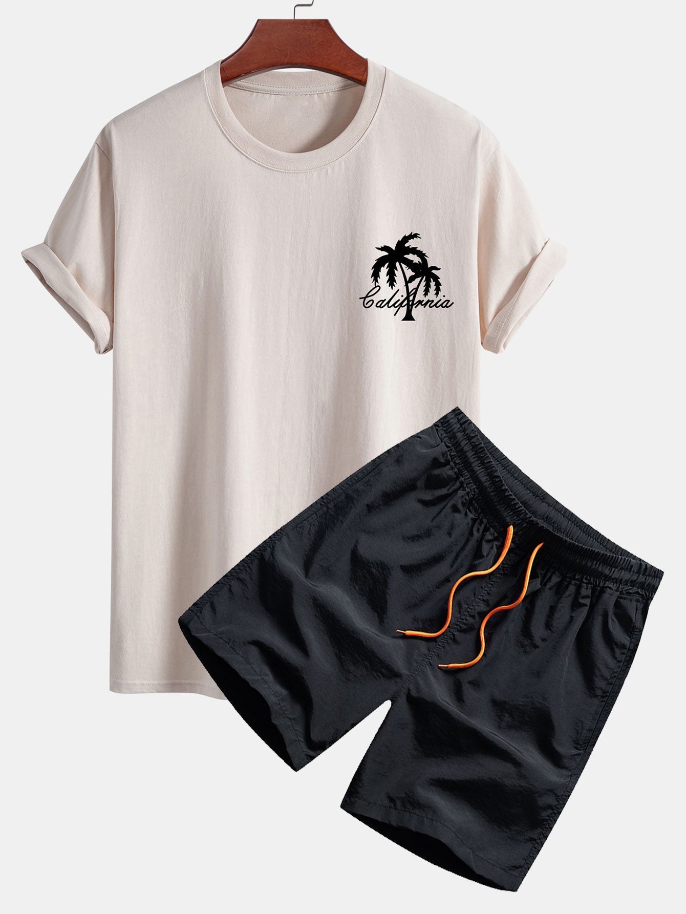 California Palm Tree Graphic Cotton Tee & Swim Shorts Set