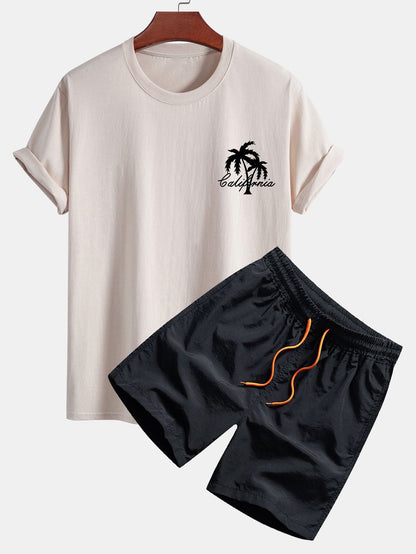 California Palm Tree Graphic Cotton Tee & Swim Shorts Set