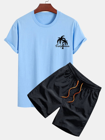 California Palm Tree Graphic Cotton Tee & Swim Shorts Set