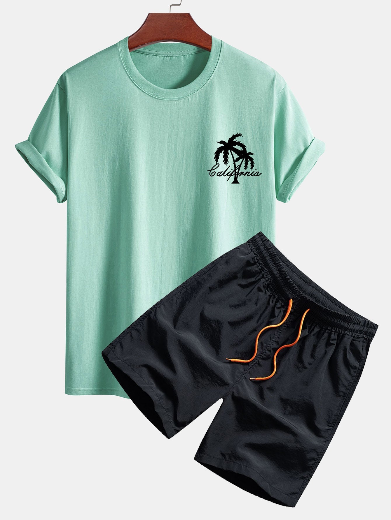 California Palm Tree Graphic Cotton Tee & Swim Shorts Set