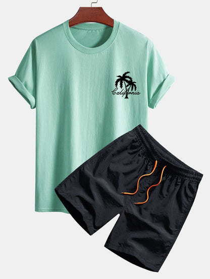 California Palm Tree Graphic Cotton Tee & Swim Shorts Set