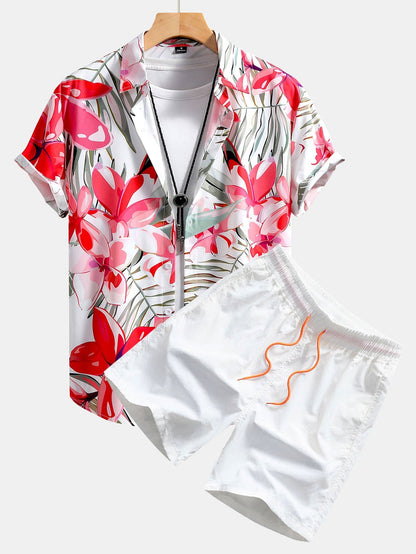 Floral Print Button-Up Shirt and Swim Shorts Set