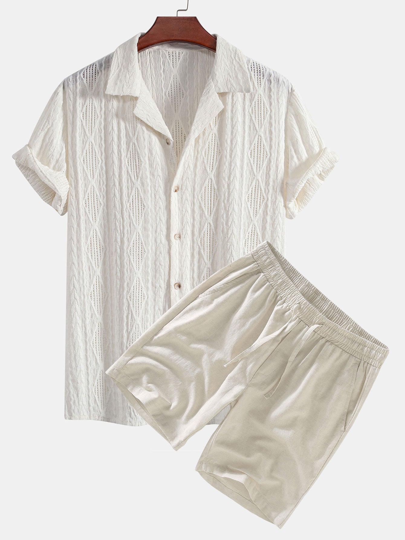 Geometric Jacquard Cuban Shirt with Linen Drawstring Shorts