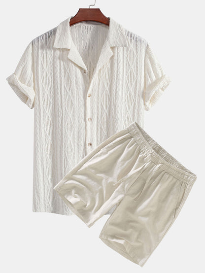 Geometric Jacquard Cuban Shirt with Linen Drawstring Shorts