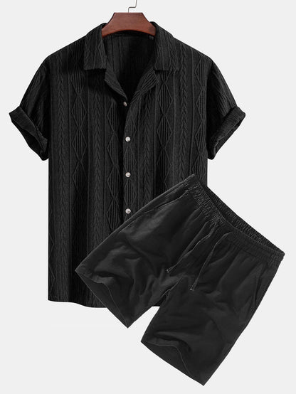 Geometric Jacquard Cuban Shirt with Linen Drawstring Shorts