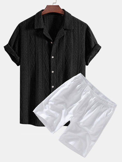 Geometric Jacquard Cuban Shirt with Linen Drawstring Shorts