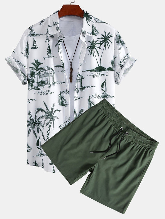 Island-Inspired Sailing Print Button-Up Shirt with Solid Drawstring Swim Shorts