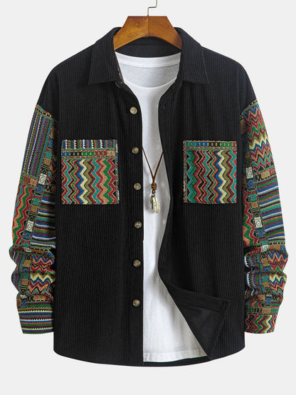 Relaxed Fit Ethnic Geometric Corduroy Patchwork Shirt - Unique Random Pattern Design