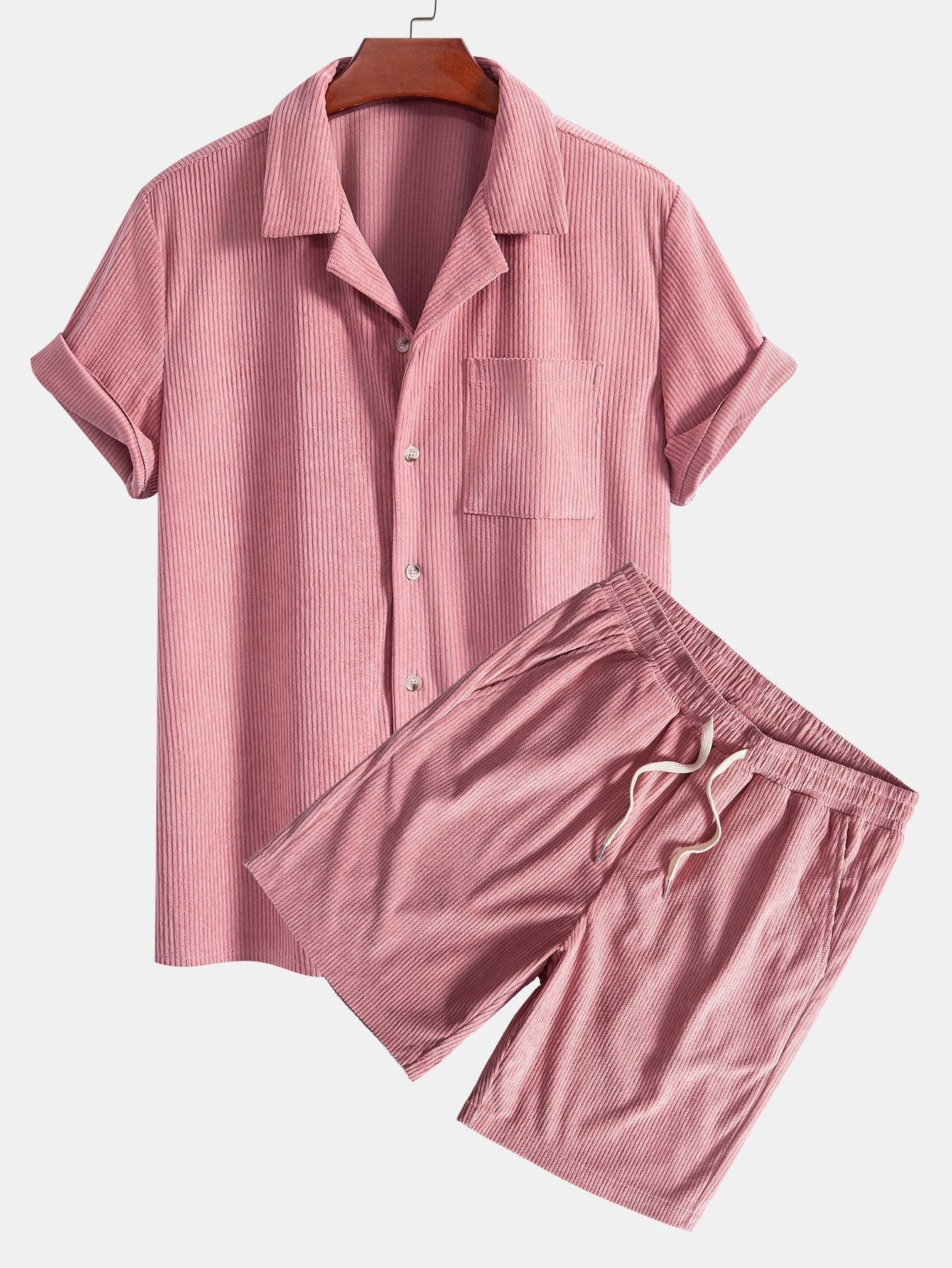 Corduroy Cuban Shirt and Shorts Set with Short Sleeves