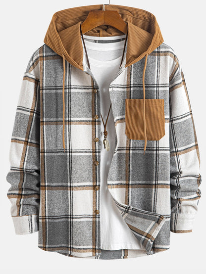 Comfortable Contrast Corduroy Plaid Hooded Shirt