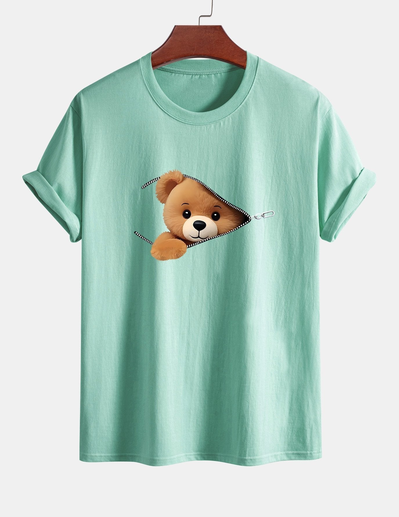 Classic Fit Cotton T-Shirt with Zipper and Bear Print