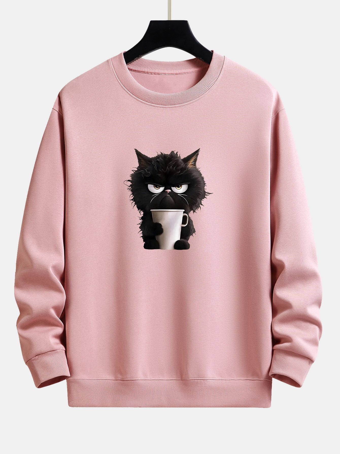 Relaxed Fit Sweatshirt Featuring Black Cat Enjoying Coffee Print