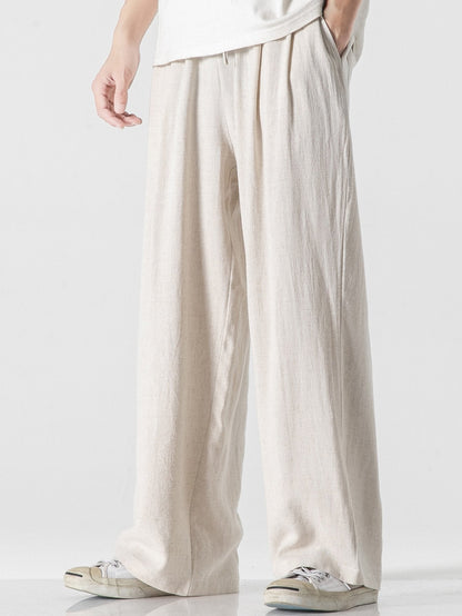 Relaxed Fit Wide Leg Pants in Linen-Cotton Blend