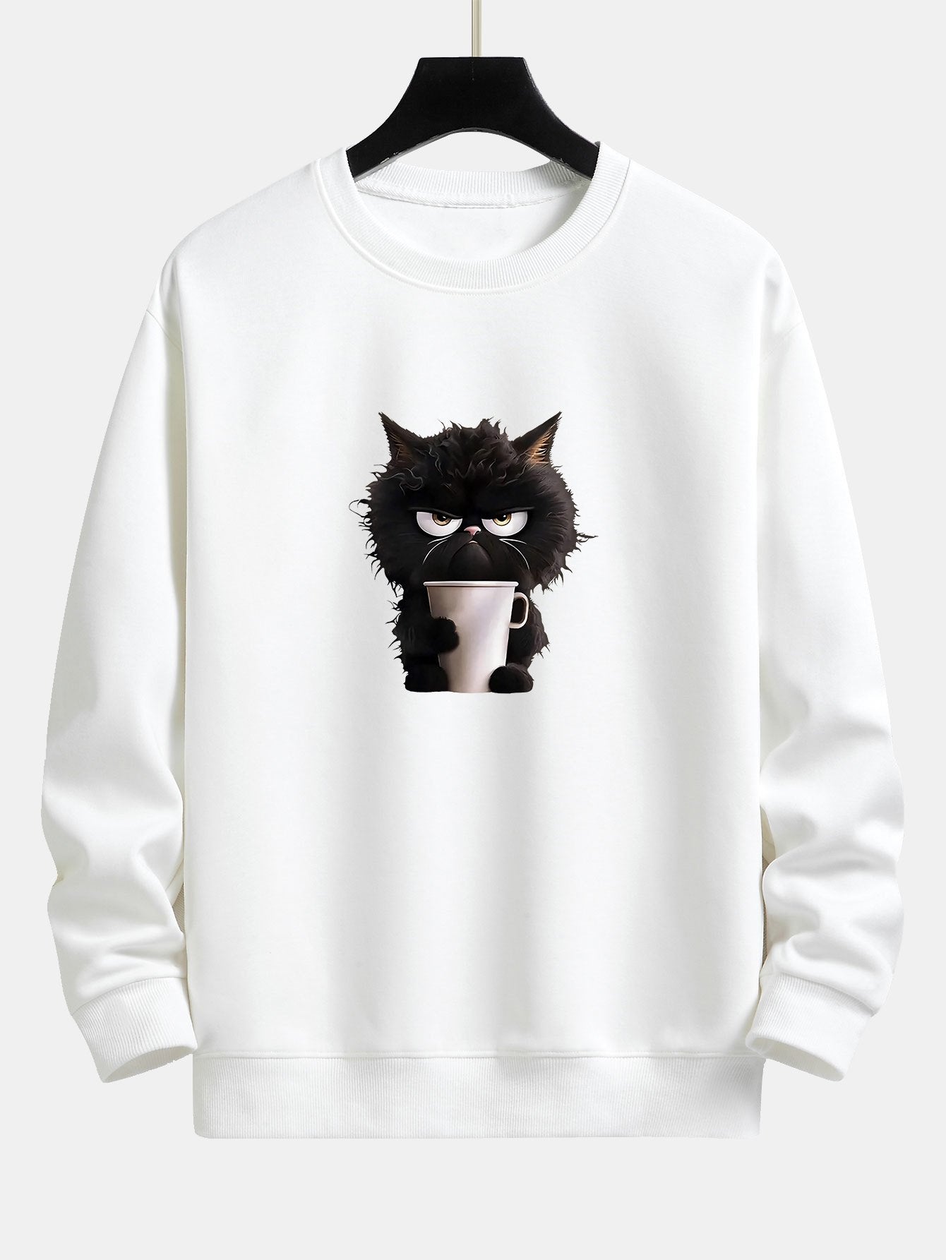 Relaxed Fit Sweatshirt Featuring Black Cat Enjoying Coffee Print