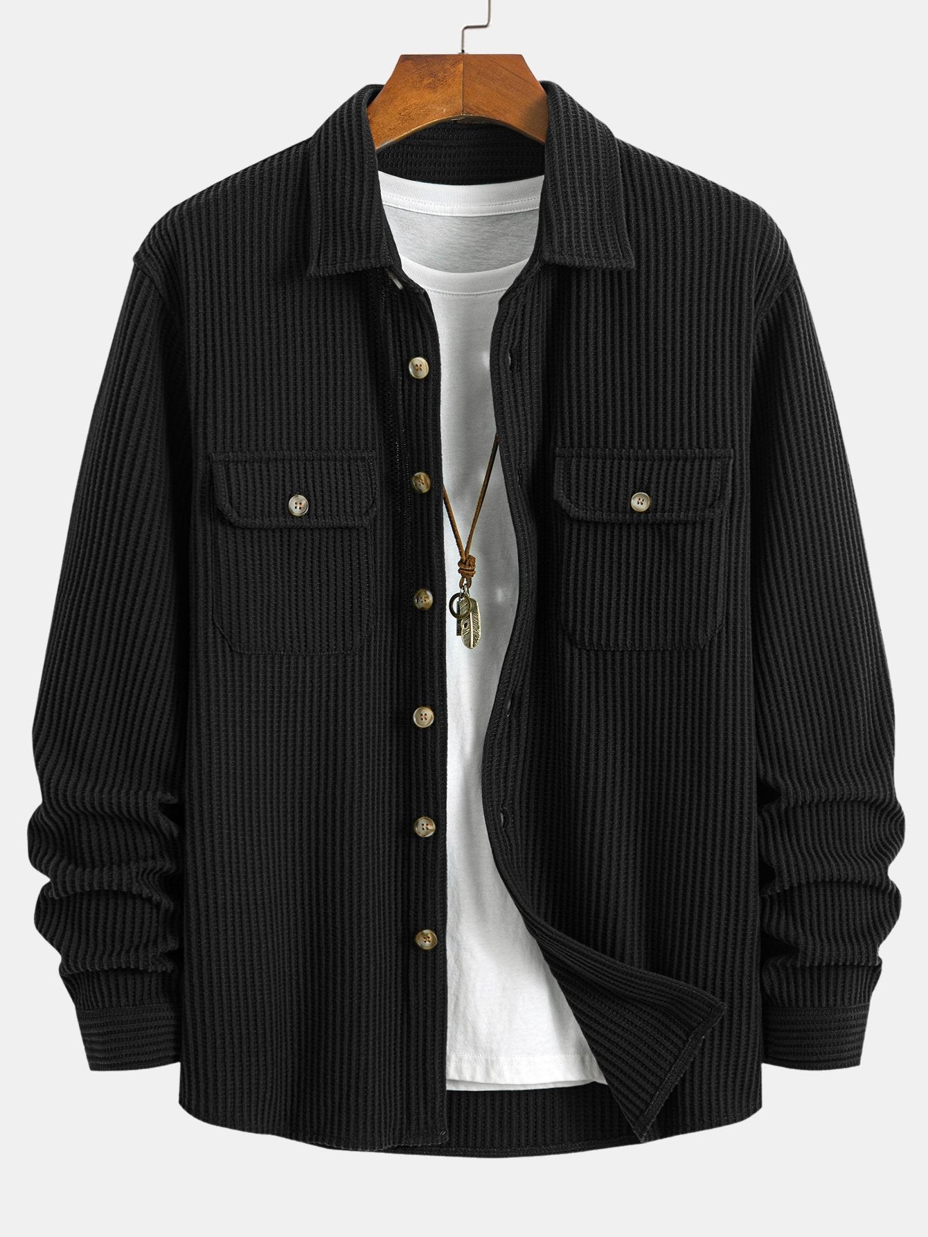 Button-Up Shirt with Double Pocket Waffle Design