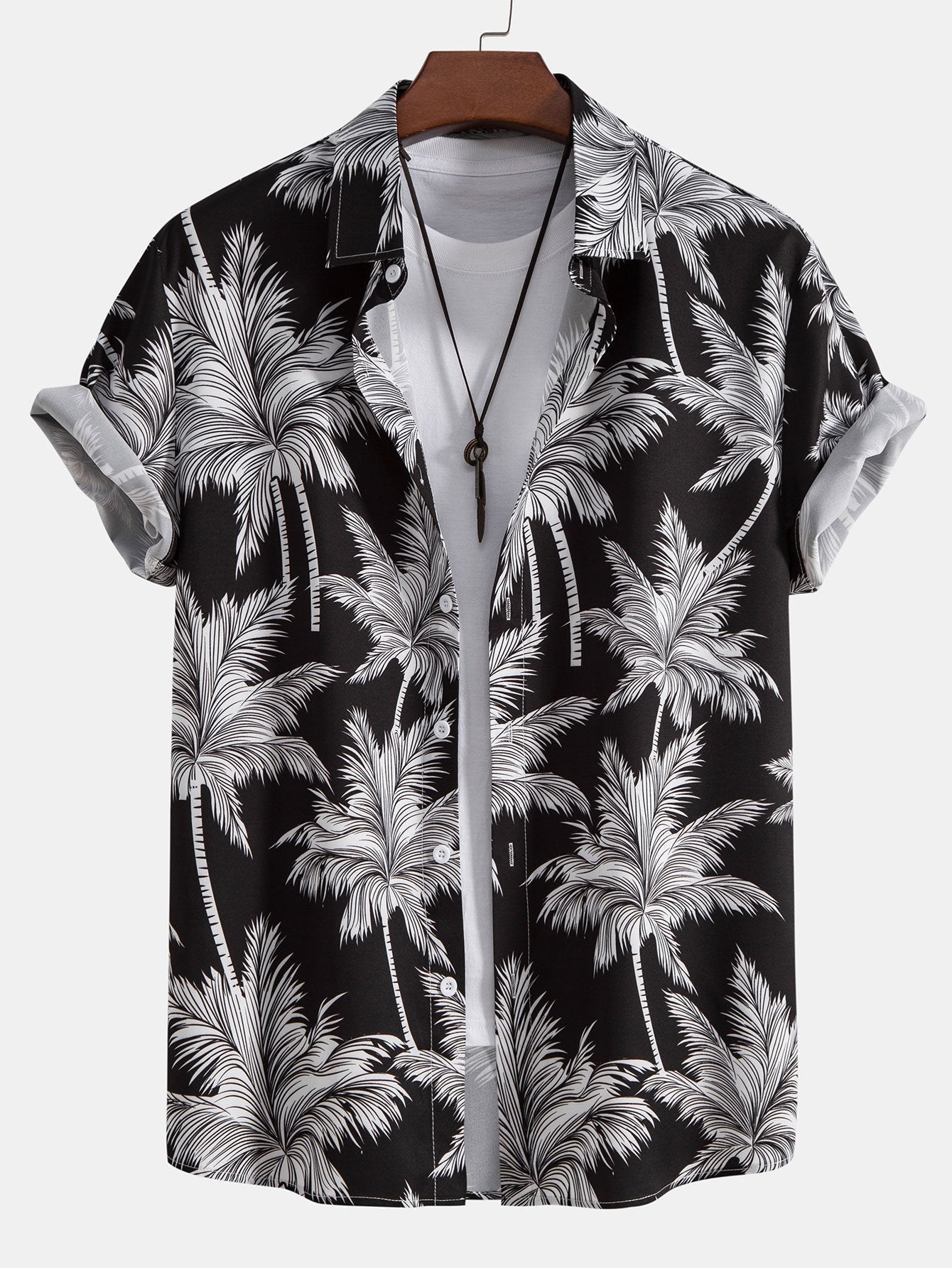 Button-Up Shirt and Swim Shorts with Palm Tree Print