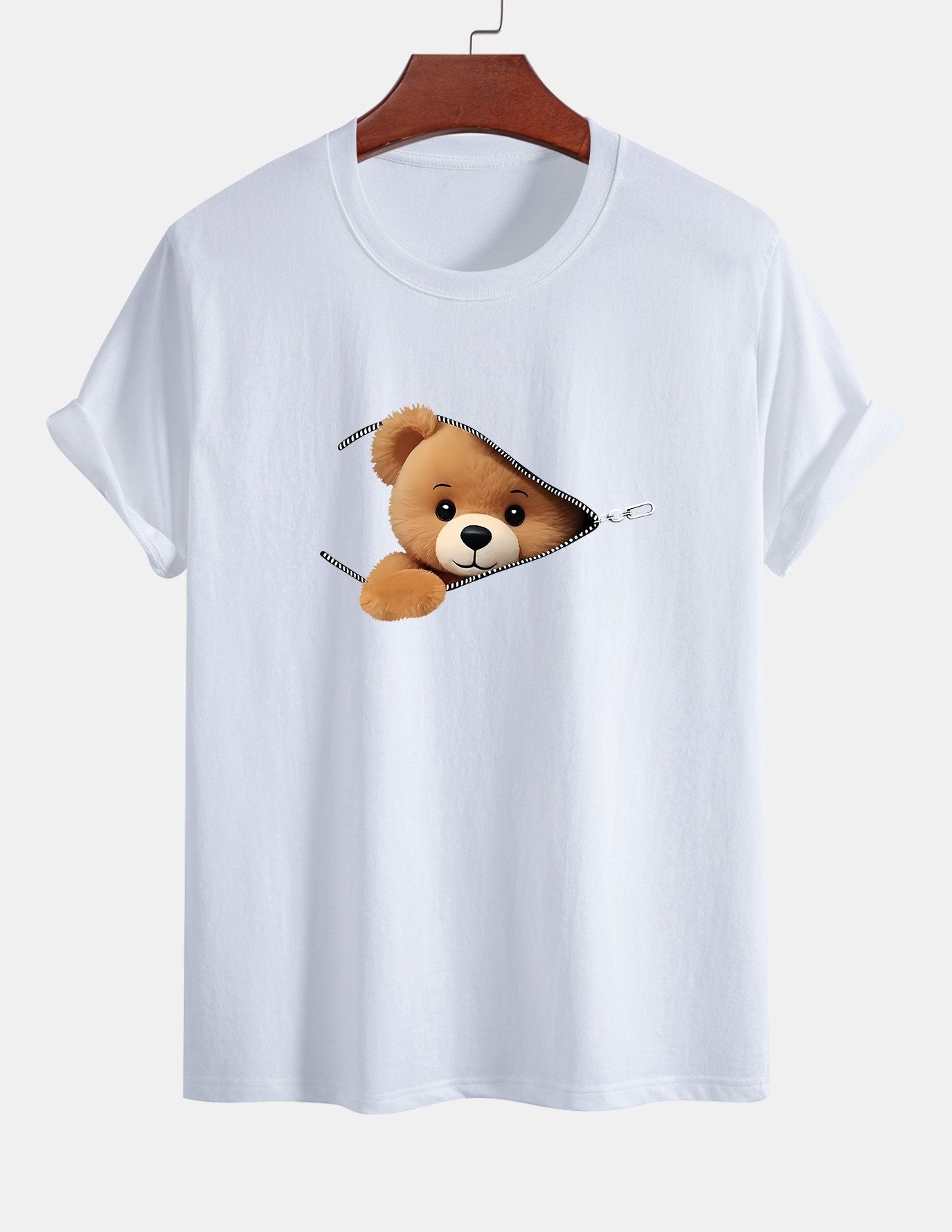Classic Fit Cotton T-Shirt with Zipper and Bear Print