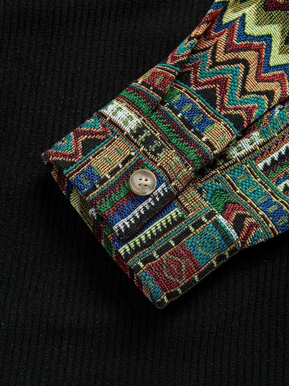 Relaxed Fit Ethnic Geometric Corduroy Patchwork Shirt - Unique Random Pattern Design