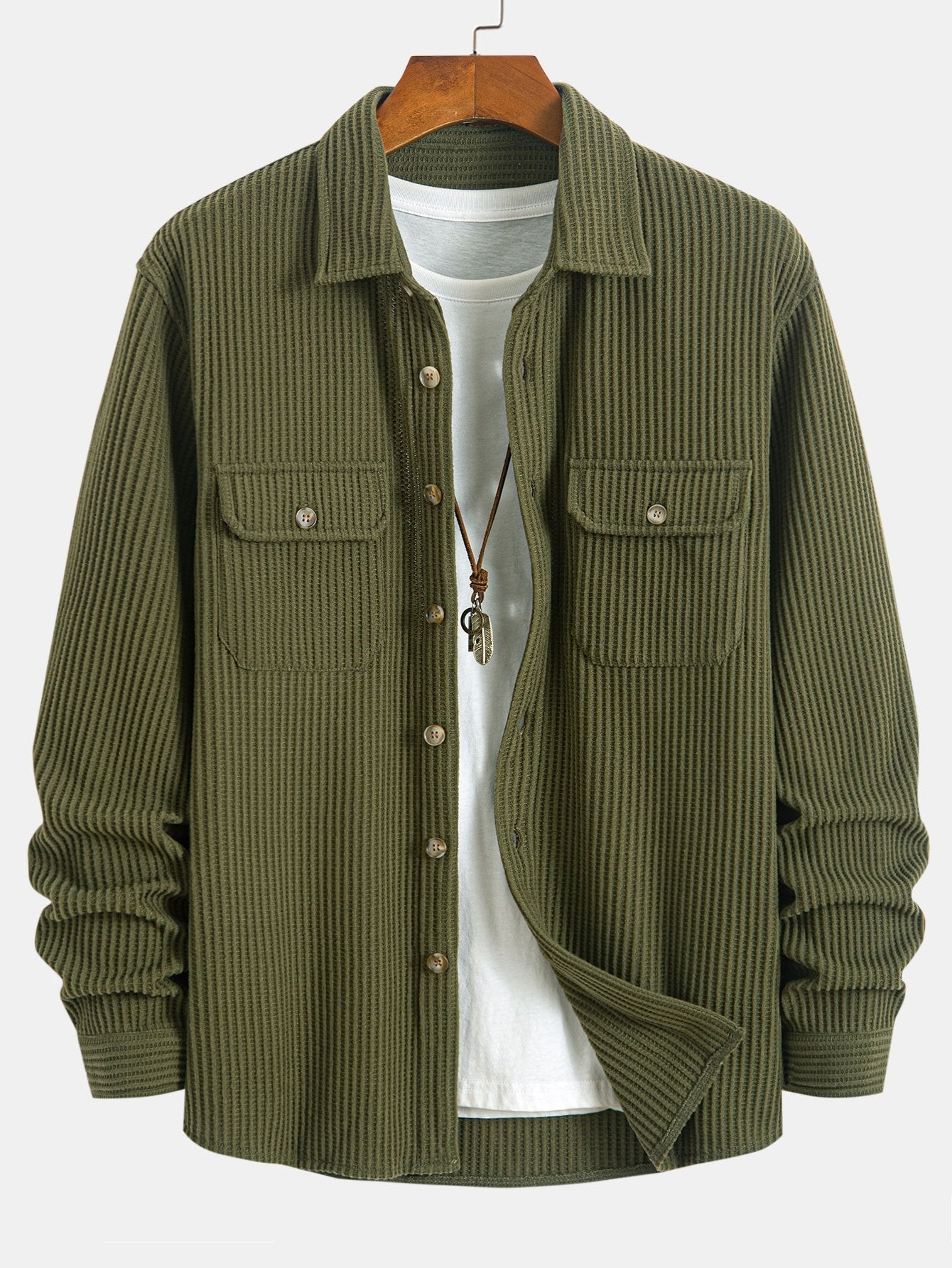 Button-Up Shirt with Double Pocket Waffle Design