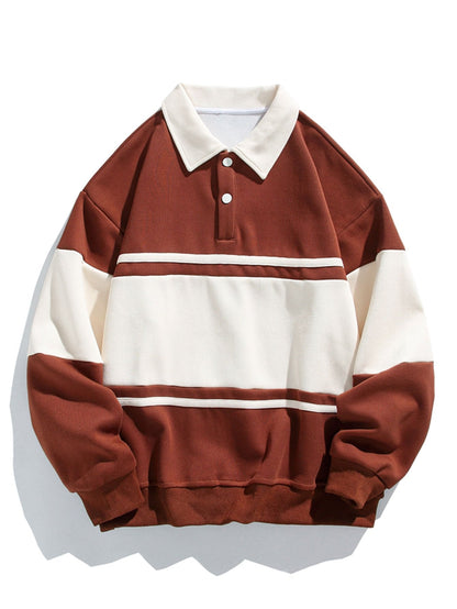 Color Block Patchwork Polo Sweatshirt with Relaxed Fit