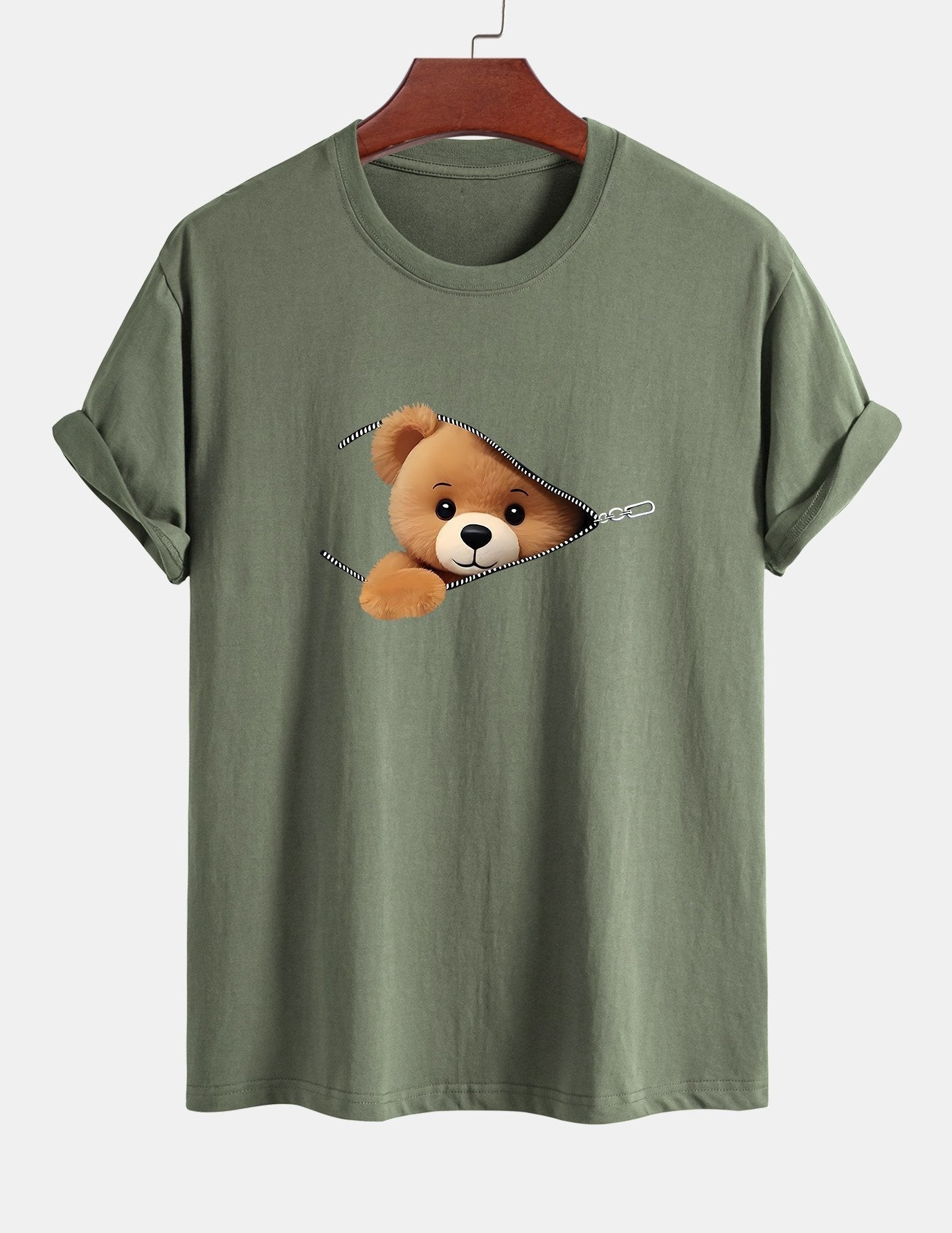 Classic Fit Cotton T-Shirt with Zipper and Bear Print